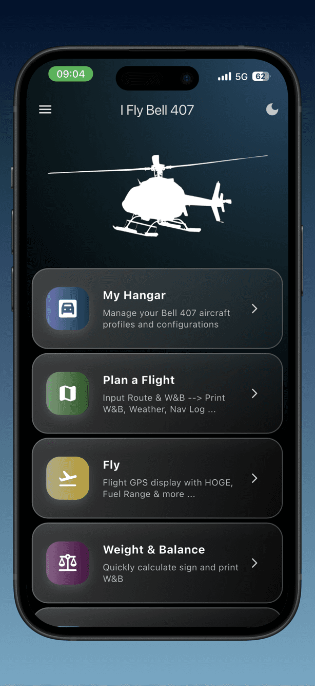 I Fly Bell 407 home screen with hangar, plan a flight, fly and weight and balance