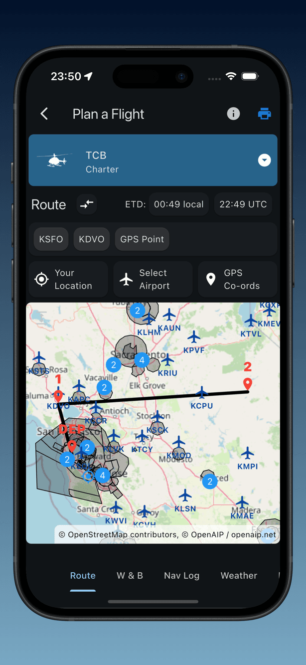 Plan a flight with route, weight and balance, nav log and weather